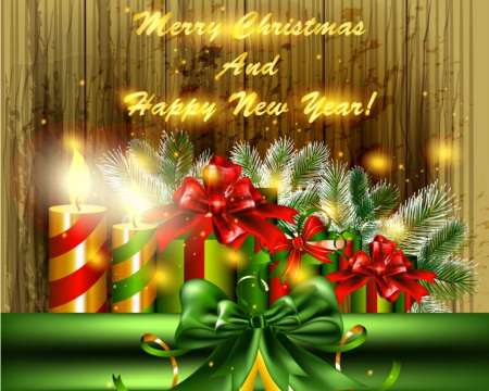 Merry Christmas & a Happy New Year - gift, candles, Christmas, ribbons