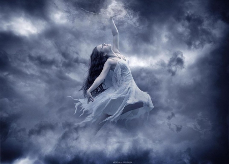 I can touch the sky... - clouds, abstract, flying, freedom, angel, darkness, dark, goth, fantasy, wings, art, sky, wallpaper