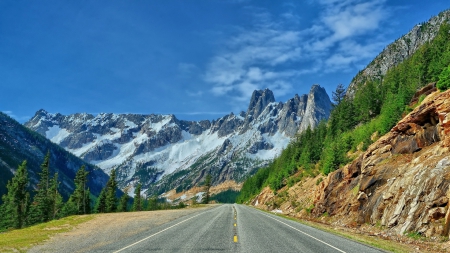 highway to the cascade mountains in washington - sky, trees, highway, mountains, rocks