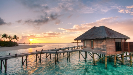 honeymoon bungalow in the maldives - beach, sunset, bridge, sea, bungalow