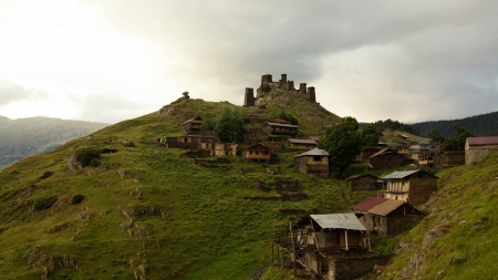 village of omalo in the tusheti hills georgia - village, ruins, hills, grass, rocks