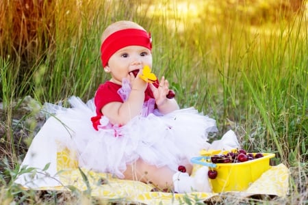 Little Lady - little lady, girl, spring, cherries, baby, litte, green, splendor, grass