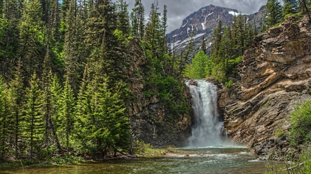 superb running eagle falls glacier np montana hdr - forest, cliff, river, waterfalls, hdr, mountains, rocks