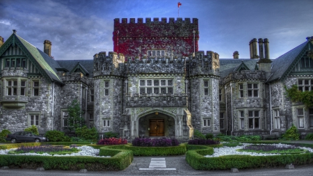 hatley castle in british columbia - stone, vine, flag, castle, garden