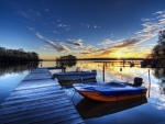 lovely sunset on boat docks in a lake