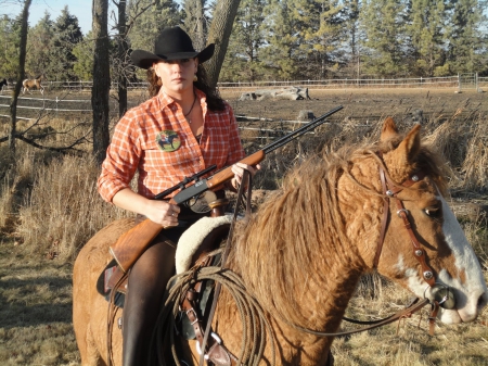 Cowgirl - women, fun, girls, sky, models, rope, trees, female, hats, cowgirls, fantasy, western, horses, nra, saddles, rifles, style, leather, fashion, boots, actors, beautiful, guns