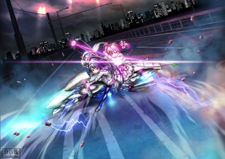 puella magi madoka magica - girls, puella magi madoka magica, girl, anime, city, motorbike