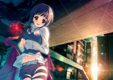 anime girl - nigth, pretty, girl, city, anime, smile