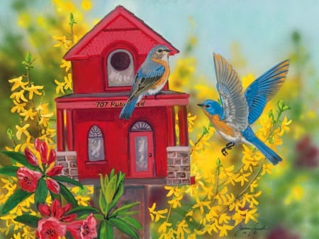 Ruby road estate - animals, joy, wings, colorful, spring, art, blossoms, digital art, birds, branches, gardening, ruby rose estate, beautiful, seasons, drawings, freshness, flowering, birdhouses, creative pre-made, welcome, painting, home, paintings, house, tree, birdhouse, blooming, lovely, love four seasons, cozy, butterfly designs, flowers, lovely flowers