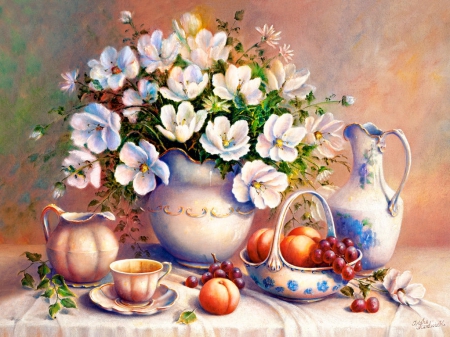 The gilded vase - beautiful, bouquet, vase, harmony, time, tea, guild, coffee, golden, gilded, pretty, flowers, tender, fruits, still life, art, apples, nice, lovely, painting