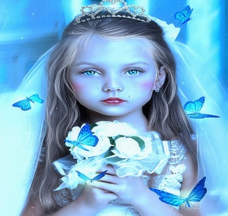 ~Blue Little Princess~ - photomanipulation, girls, people, emotional, bouquet, crown, elegant, creative pre-made, model female, cool, digital art, softness beauty, butterflies, lovely, weird things people wear, blue, flowers, colors, butterfly designs, blue little princess