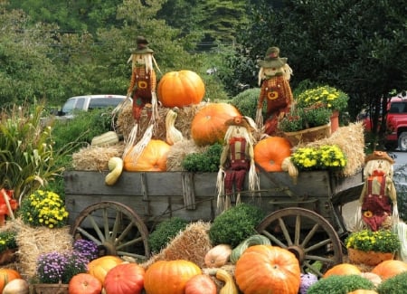 scarecrows in a wagon - nature, garden, scarecrows, wagon, fall season