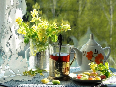 Morning tea - morning, glass, photography, day, sun, light, tea, still life, candy, teapot, abstract, window, flowers