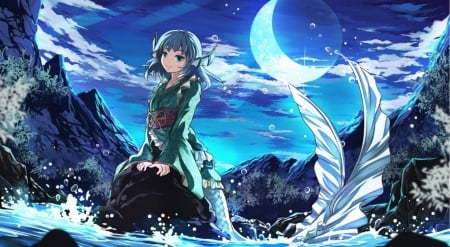 mermaid - moon, girl, hq, montains, hd, pretty, ligth, mermaid, anime, sea, cute