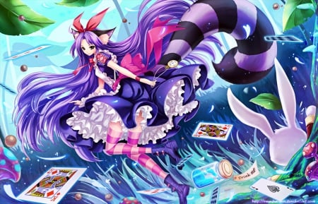 Cheshire cat - pretty, anime, magic, female, animal ears, dress, tail, aniem girl, long hair, black eyes, alice in wonderland, nice, purple hair, cheshire cat, rabbit, swet, beauty, cool, fantasy, awesome, cat girl, neko girl