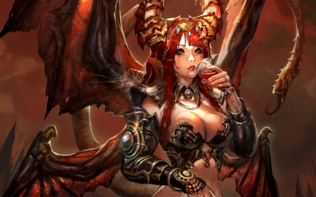 Fantasy girl - bat, girl, orange, horns, succubus, black, fantasy, red, woman, wings, demon