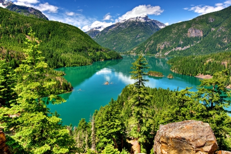 Lake view - trees, hills, beautiful, landscape, lovely, reflection, mountain, shore, nature, view, peak, cliffs, lake, nice, emerald