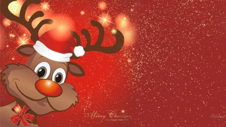 Bright Merry Christmas - Rudolph, whimsical, cheerful, Feliz Navidad, red, lights, bright, cute, Christmas, reindeer