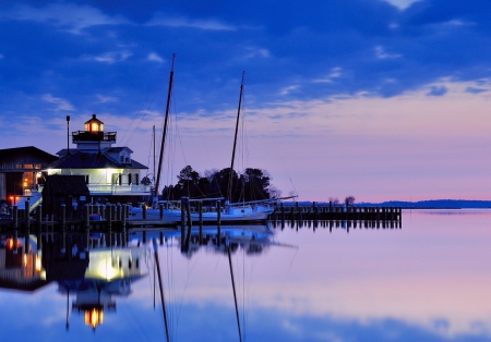 Lighthouse - ocean, lighthouse, blue, ship