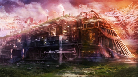 Steampunk Train - large, clouds, locomotive, surreal, artwork, railway