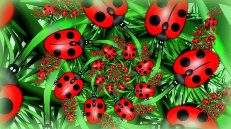 âœ«LadyBug Conventionâœ« - colorful, lovely, ladybugs, fractal art, spring, creative pre-made, ladybug convention, love four seasons, digital art, red, raw fractals, beautiful, softness beauty, green