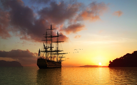 tall ship  anchored at sunset - sea, birds, sunset, sail ship