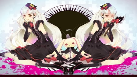 Mayu - yellow eyes, bows, headdress, long hair, boots, gloves, dresses, vocaloid, weapon, anime, mayu, white hair