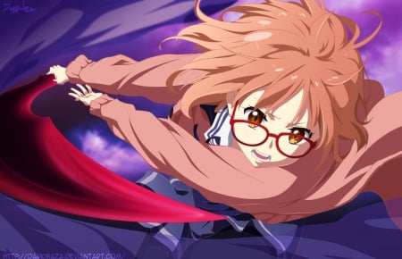 Take This!! - brown eyes, glasses, brown hair, weapon, anime, sword, kuriyama mirai, kyoukai no kanata, short hair