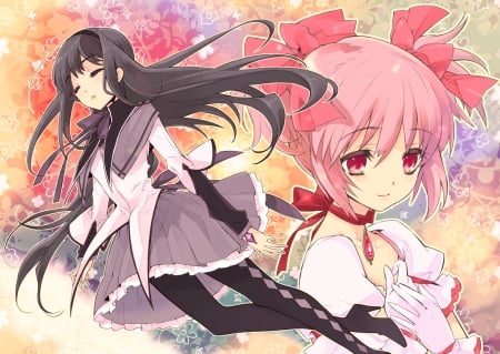 Akemi Homura & Kaname Madoka - anime, akemi homura, dress, bows, long hair, short hair, mahou shoujo madoka magica, kaname madoka, ponytails, black hair, friends, pink hair