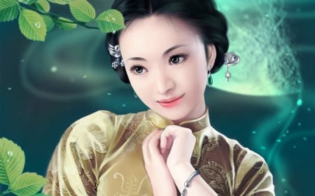 Asian Girl - painting, green, girl, asian