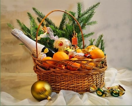 Basket - season, photography, champagne, joy, winter, blessed, fruit, christmas, abstract, orange, bottle, tree, ornaments, gifts, happy