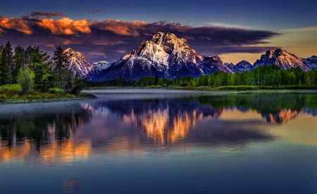 Grand Teton National Park - nice, sky, trees, national park, colorful, sunset, mirrored, bautiful, rocks, reflection, clouds, 1080, cliffs, grand teton, lake, landscape, mountain, park, majestic, shore, peaks, lovely, peak, serenity, fiery, mirror, tranquil, beautiful, 1920