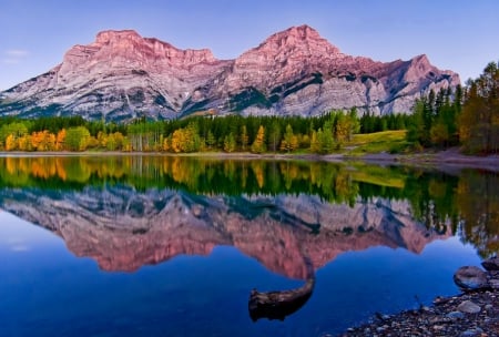 Reflections - rocks, clear, cliffs, beautiful, nature, crystal, autumn, fall, landscape, shore, lake, peaks, reflection, nice, lovely, trees, colors