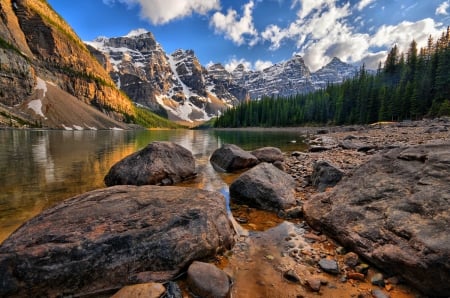 More than a paradise - clouds, landascape, beautiful, lovely, reflection, mountain, shore, nature, Canada, cliffs, lake, nice, paradise, sky, rocks