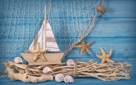 Still life - style, accessories, boat, beautiful, still life, bathroom, blue, ornaments, sea, shells