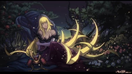 Please stay here with me - pretty, anime, female, dress, night, forest, tail, long hair, dark, flowers, nice, yellow eyes, anime girl, trees, beautiful, blonde hair, beauty, cool, sweet, flower, smile, nature, awesome, lights, fox girl, demon