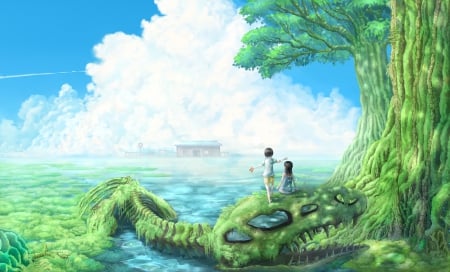 Time - nice, female, magic, water, fantasy, dinosaurs, cool, pretty, clouds, anime, tree, house, sisters, anime girls, landscape, dream, nature, beautiful, awesome, sea