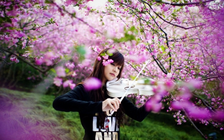 Beauty - beauty, women, girly, music, violin, oriental, flowers, garden