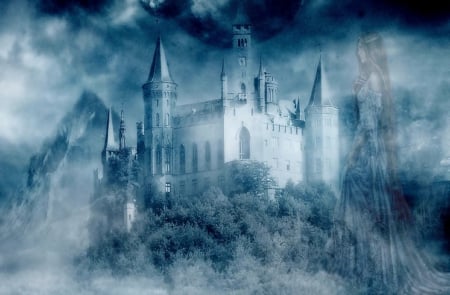 Ghost of the Castle - woman, ghost, serene, girl, blue, beautiful, wallpaper