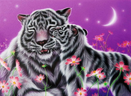 Mother\'s Love - moon, cub, stars, animals, summer, spring, moons, white tigers, love four seasons, big wild cats, artwork, paintings, flowers, tiger