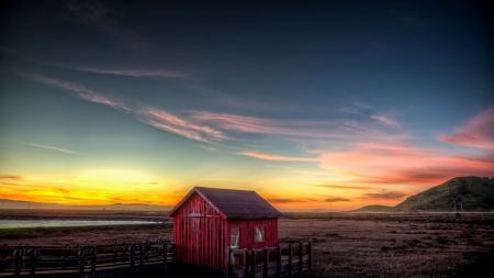 red cabin in wetlands at sunset - red, pier, sunset, wetlands, cabin