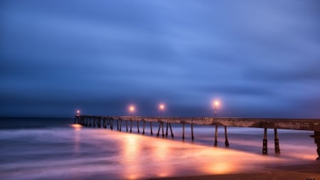 narrow sea pier in evening hdr - pier, reflection, evening, hdr, sea, lights