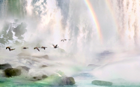 Geese flying through a Waterfall - rainbow, landscape, waterfall, geese