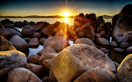 Sunset on a Beach - beach, nature, rocks, sunset