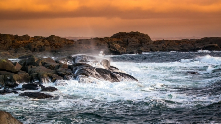 superb rocky shore - spray, orange sky, shore, sea, waves, rocks