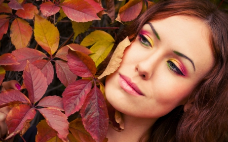 Pretty face - face, model, makeup, leaves, woman