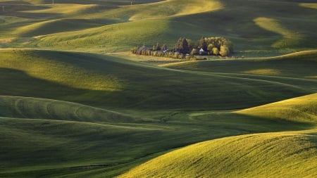 awesome farm surrounded by fields - hills, farm, green, fields