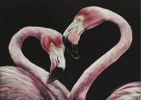 Two Flamingos - 2, painting, flamingos, pink