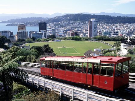 wellington new zealand - skyscrapers, harbour, tram, cable car