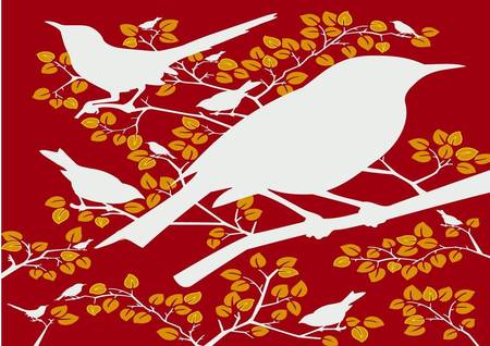 Birds in trees - branches, art, gold flowers, white silhouette birds